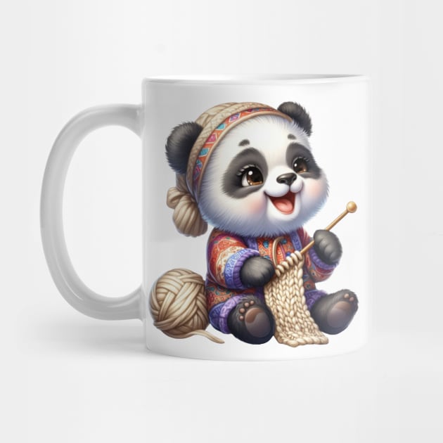 Panda Bear Knitting A Sweater by Chromatic Fusion Studio